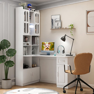 Large L-Shaped Computer Desk with Storage Hutches and Drawer, Soft White Particle Board and MDF, 42.71 Inches Wide