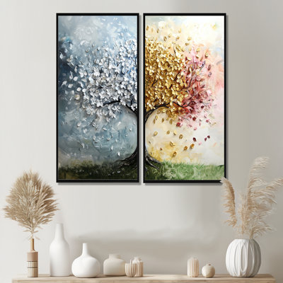 Arbre de vie quatre saisons II - art mural bleu 2 pièces