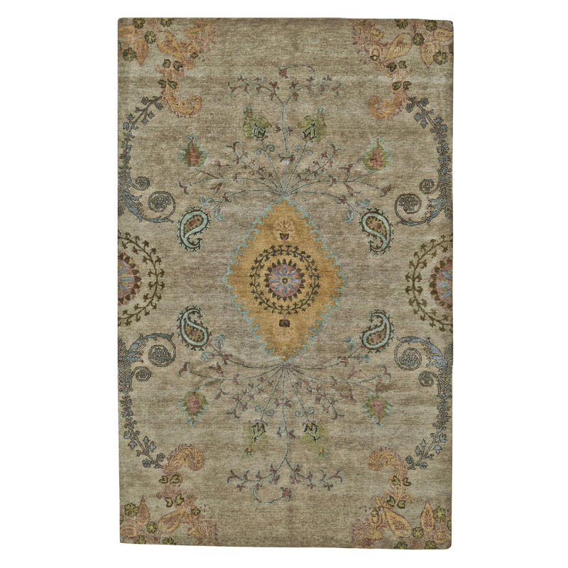 Wool Damask Area Rug in Green, Rectangle 5'6" x 8'6"