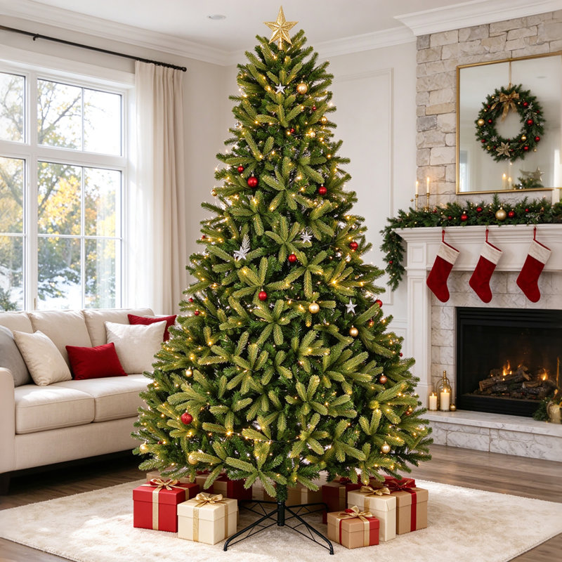9ft Unlit Premium Spruce Christmas Tree, 2576 PE/PVC Mixed Branch Tips, Hinged Full-Body Artificial Pine with Foldable Metal Stand