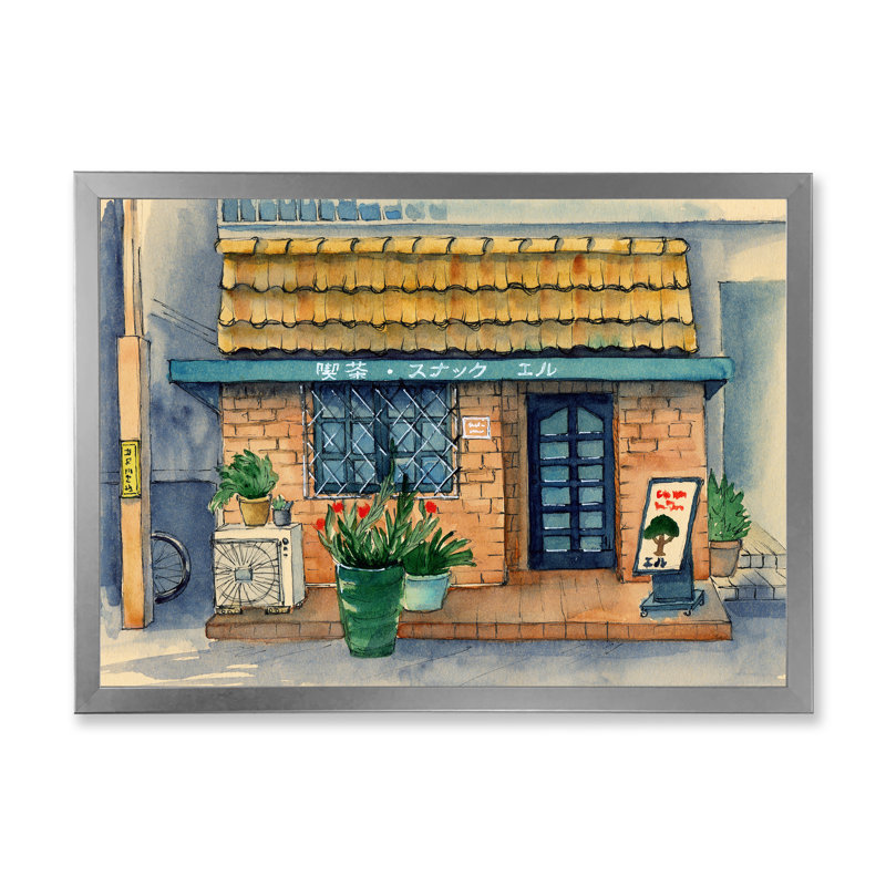 Petit café asiatique sous un toit de tuiles - reproduction sur toile, H 24 po x l 32 po x P 1 po, Cadre photo argenté