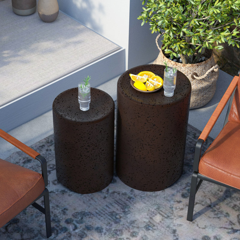 Alyannah Round Concrete Outdoor Side Table , 14.2'' in. W 14.2'' in. D, Brown
