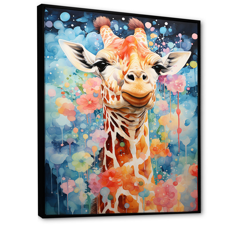 «Pop Art Giraffe Portrait I», reproduction sur toile, Cadre flottant noir, H 32 po x l 16 po x P 1 po