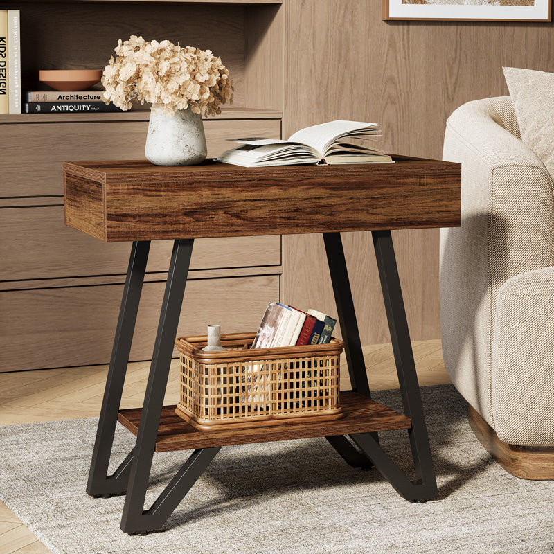 Table de bout pour salon, canapé-lit étroit à 2 niveaux avec rangement, Brun rustique, 2