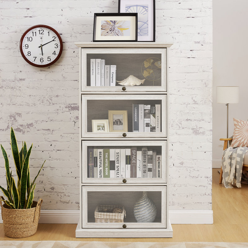 Vitrine à 4 niveaux en verre pour le salon, armoire de rangement élégante avec portes en verre rabattables, Blanc