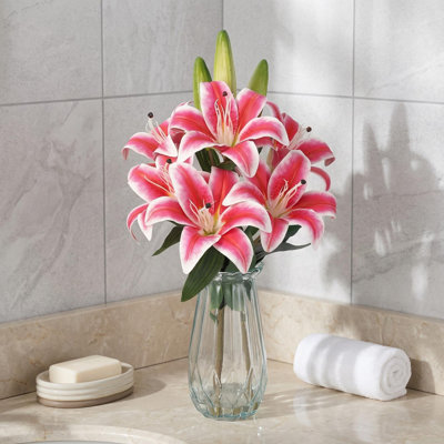 Lily Artificial Flowers in Glass Vase with Faux Water, Fake Lily, Realistic Faux Silk Flowers for Home Office, Bathroom, Table Centerpiece & Shelf Decorations