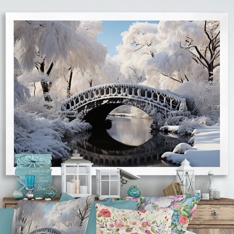 Winter Landscape Snowy Bridges II, reproduction d'art sur toile, H 24 po x l 32 po x P 1 po, Cadre simple blanc