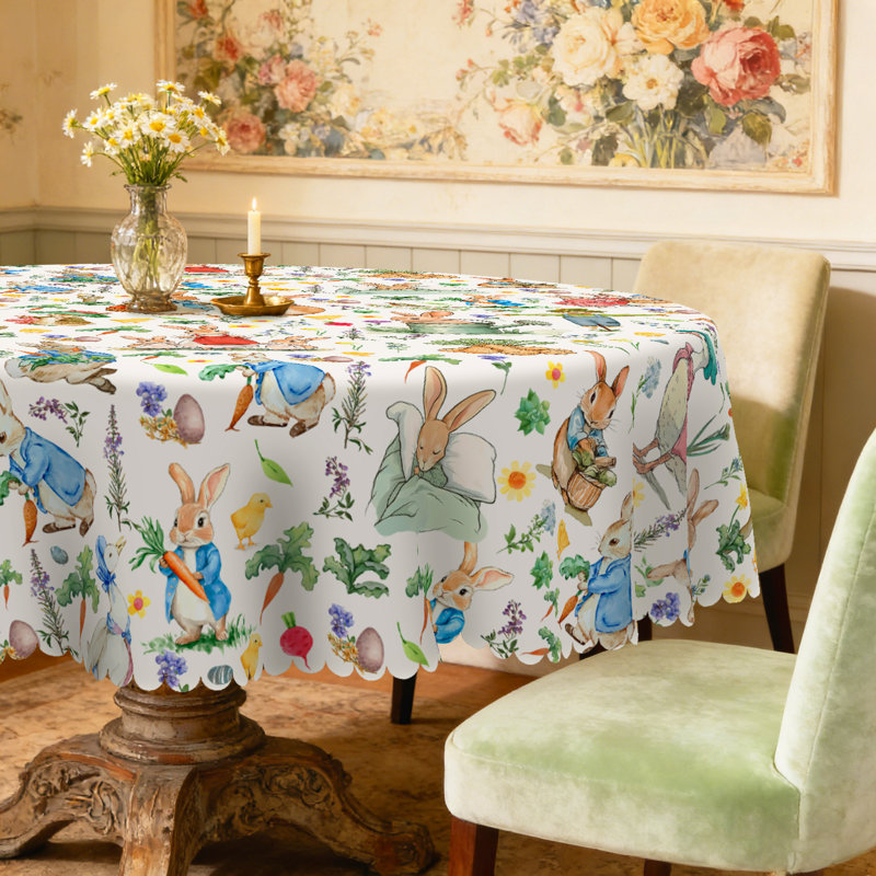 Easter Bunny Tablecloth - Cute Rabbit & Spring Garden Printed Fabric Table Cover, Scalloped-Edge Tablecloth for Easter Brunch, Holiday Party | Reusable Decorative Tablecloth for Round/Rectangular Dining Tables, Spring Home Decor