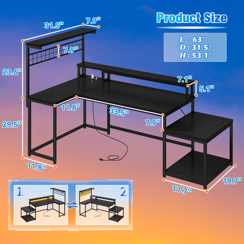 L Shaped Reversible Computer Desk With Power Outlet & Long Monitor Stand & Led Lights & Storage Shelves, Black