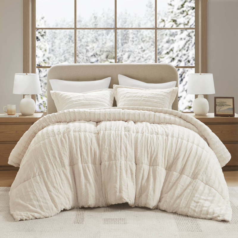 Ensemble d'édredon en fausse fourrure ultra-doux 3 pièces Duke Champagne, Édredon double / grand + 2 taies décoratives sta