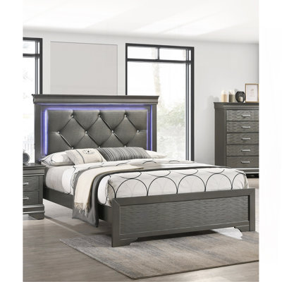 Dark Gray Faux Leather Tufted Headboard 1Pc Queen Size Bed W Led Bedroom Furniture Gray Unique Texture Fb Solid Wood