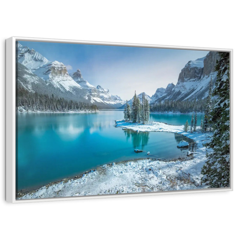 Spirit Island en hiver, Cadre flottant blanc, 13 po x 9 po