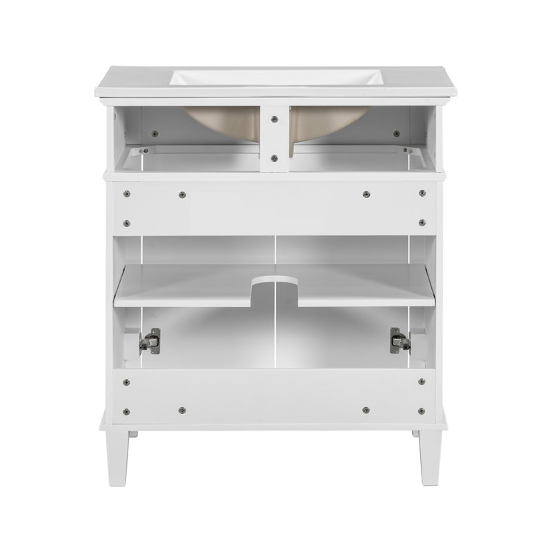 30-Inch White MDF Freestanding Bathroom Vanity with Ceramic Basin