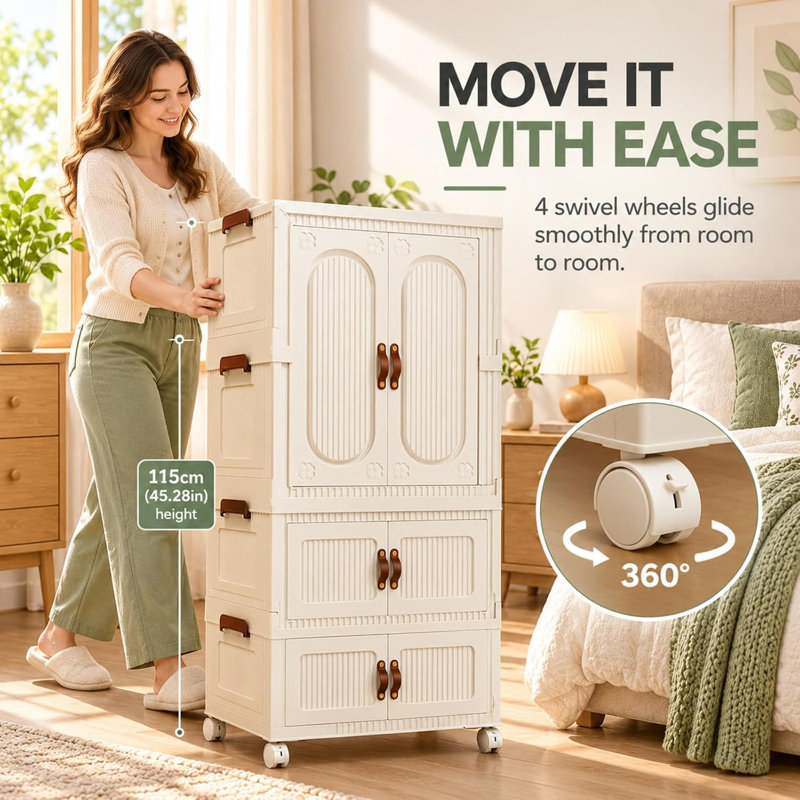 Portable Wardrobe for Kids,Plastic Foldable Closet with Wheels