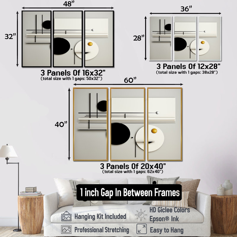 Ensemble de salon géométrique Essence monochrome Balance I - Minimalisme, Cadre flottant noir, H 40 po x l 60 po x P 1 po
