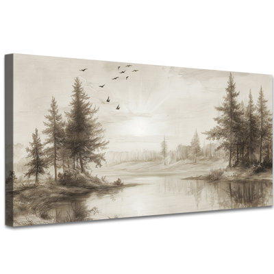 Vintage Landscape Wall Art, Neutral Sepia Nature-Inspired Canvas Wall Decor for Living Room or Bedroom, Tranquil Woodland Forest Artwork Gallery Wrapped, Ready to Hang, 16x32 Inches