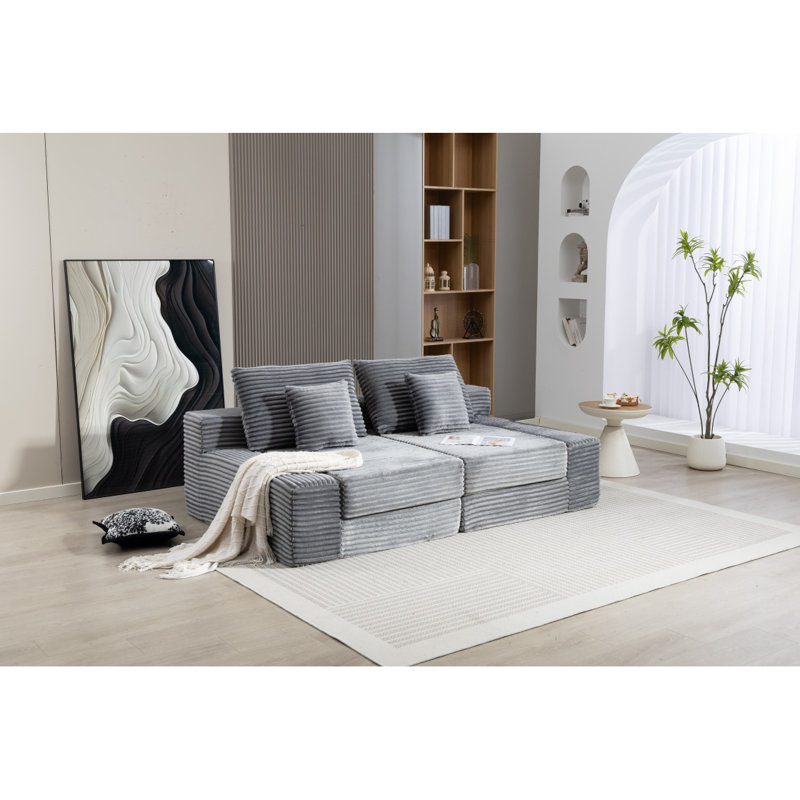 Méridienne double, canapé-lit moelleux en nuage, siège profond rembourré avec canapé en nuage désossé, sans assemblage requis, causeuse en velours côtelé moderne pour le salon, lecture à gauche, gris