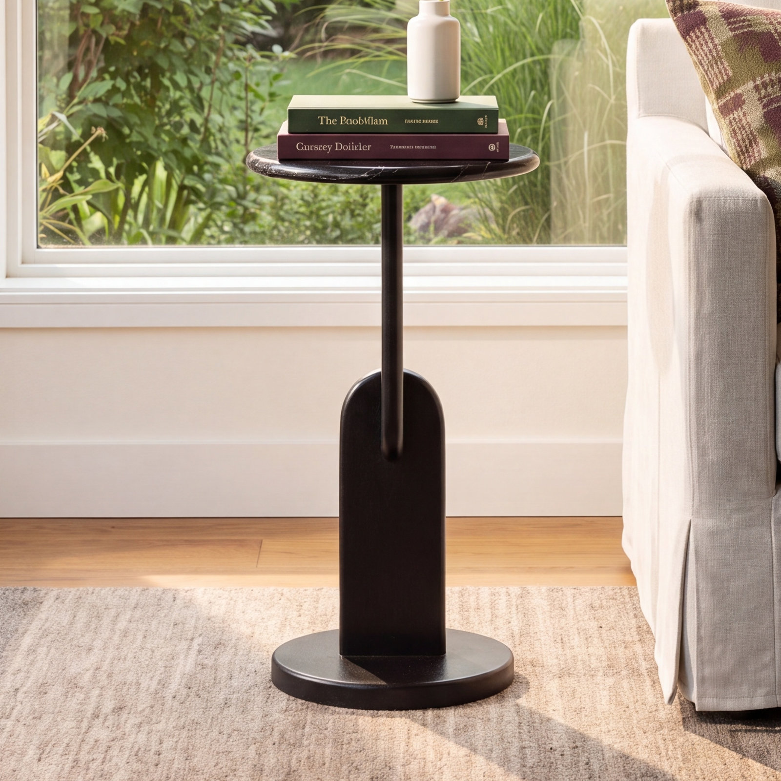 Kielle 10" Genuine Marble End Table, Black, Black Marble