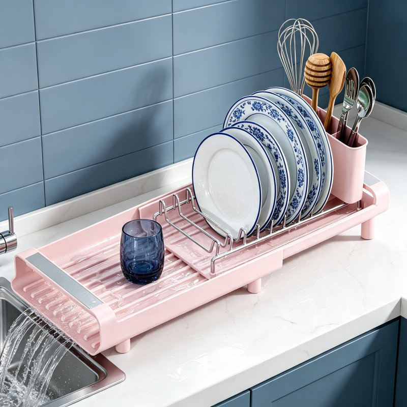 Égouttoir à vaisselle compact extensible, en acier inoxydable, convenant à un évier / comptoir, peu encombrant, Rose