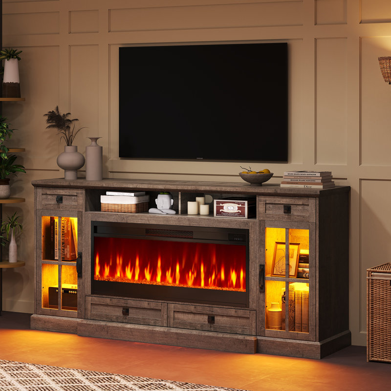 Keating 70" Farmhouse TV Stand 42" Electric Fireplace, LED Lights, Storage Drawers & Cabinets,Gray, Gray