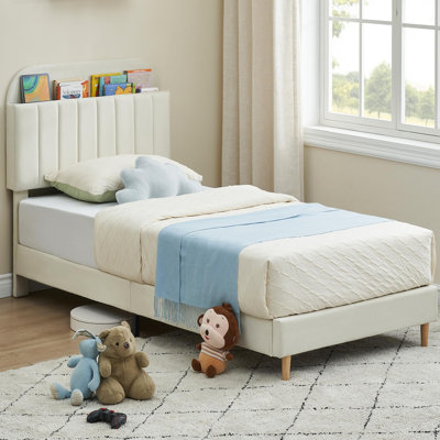 Twin XL Bed Frame with Storage Headboard, Twin XL Size Velvet Upholstered Platform Bed, Wooden Slats, Noise-Free, Easy Assembly, No Box Spring Needed, Beige