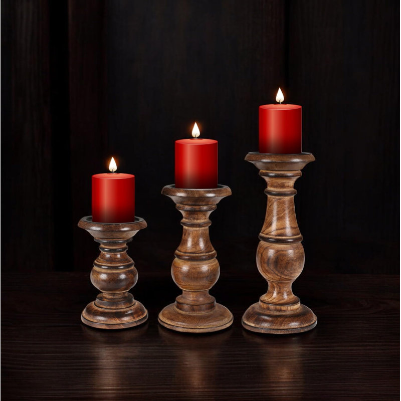 Burnt Finish Wooden Pillar Candle Holders – Set of 3