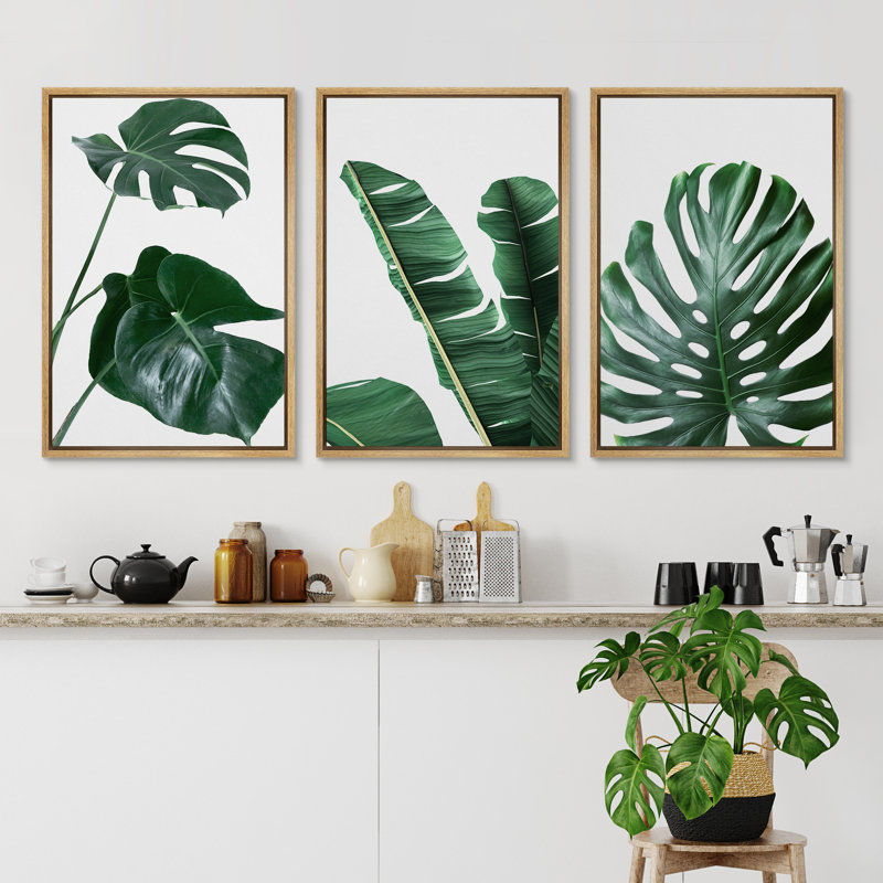 Minimal Botanical Vibrant Green Monstera and Banana Leaf Trio Botanical, H 36 po x l 72 po, Impression encadrée, Naturel