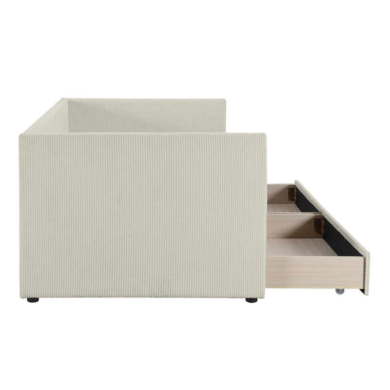 Twin Size Corduroy Daybed With Two Drawers And Wood Slat, Beige