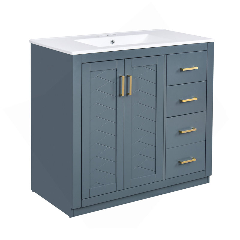 Ensemble de meuble-lavabo 36 po avec lavabo en céramique, meuble de rangement à structure en bois, ensemble de meuble-lavabo autoportant avec 3 tiroirs et portes à fermeture douce
