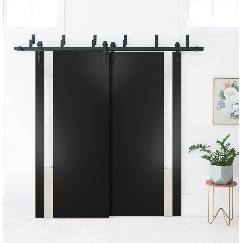Portes coulissantes de style grange pour placard, 72 x 96 pouces, Planum 0040, noir mat avec verre blanc, rails robustes de 6,6 pieds, quincaillerie incluse, portes de placard de chambre en bois massif