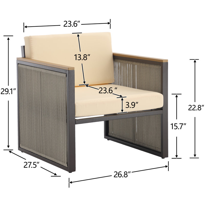 Outdoor Patio Metal Armchair With Cushions, Beige