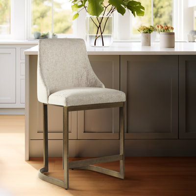 Upholstered Counter Stool 26"h - Metal Base Modern Kitchenware Ornament Curved Arms And Rounded Back Style Cream Upholstery Construction High Density Foam Padding Antique Gold Finish Adjustable Floor