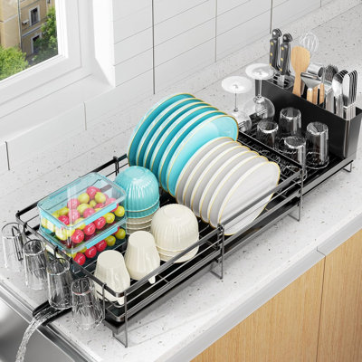 Expandable Dish Rack for Kitchen Counter, Dish Drainer with Drainboard Set, Multifunctional Dishrack with Utensil & Cup Holder