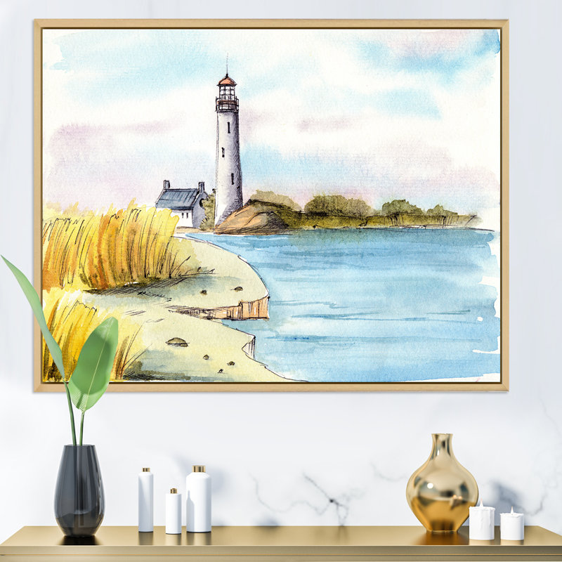 Phare sur un bord de mer lointain - Peinture sur toile, H 12 po x l 20 po, Cadre flottant en érable