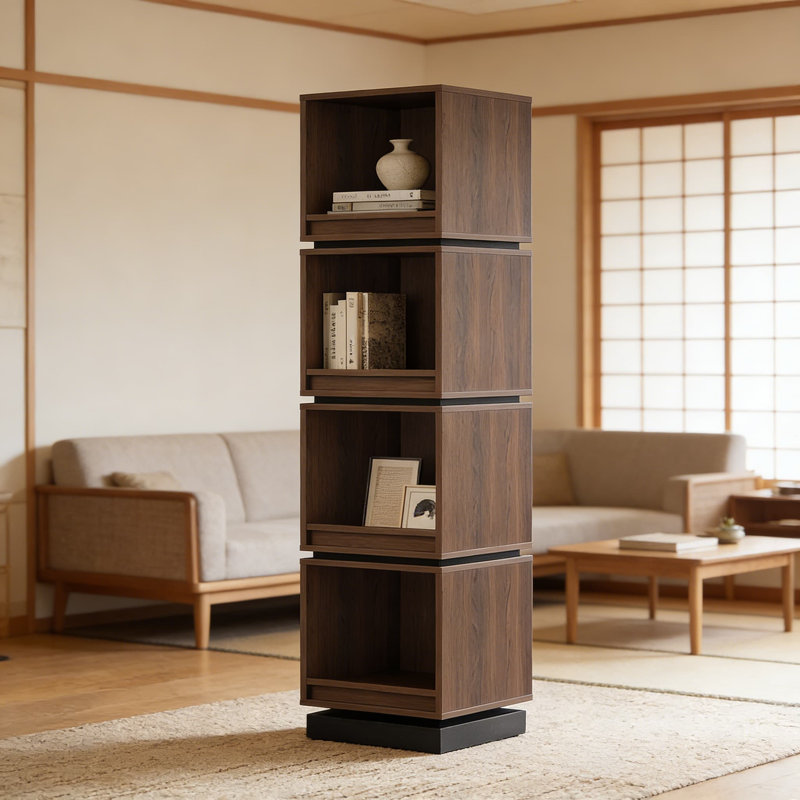 Tour de bibliothèque rotative à 4 niveaux avec rotation à 360 degrés, conception étroite et peu encombrante pour le salon, la chambre à coucher ou le bureau personnel, organisateur de rangement géométrique moderne