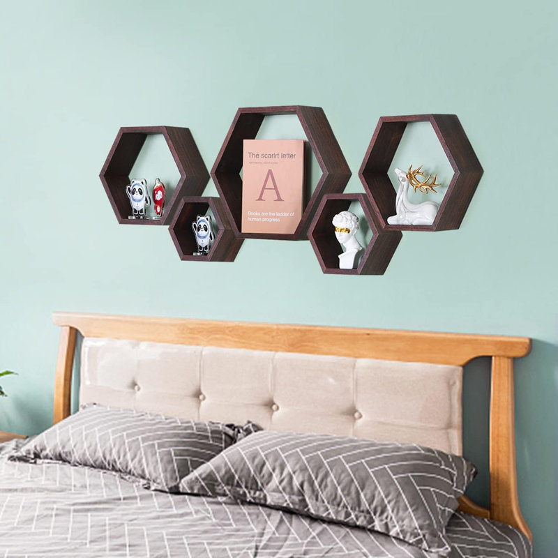 Ensemble de 5 tablettes flottantes Hexagon, Bois naturel