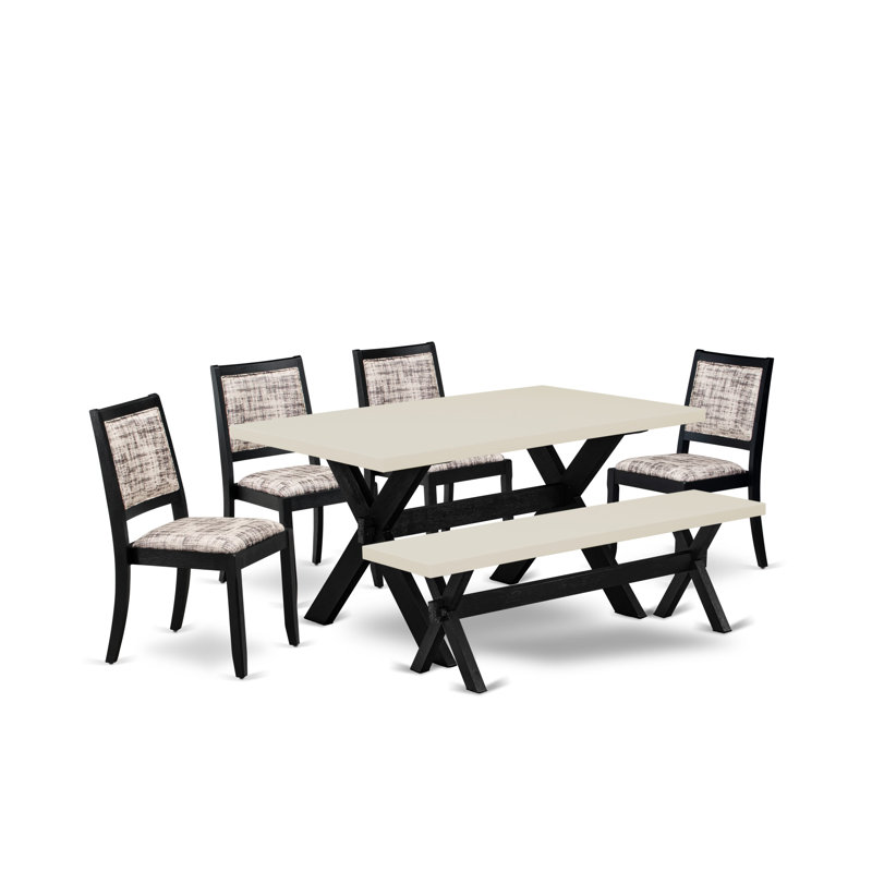 L'ensemble de salle à manger 6 pièces se compose d'une table et d'un banc avec plateau de table et de 4 chaises empilables en tissu de polyester à motif blanc et gris - noir brossé