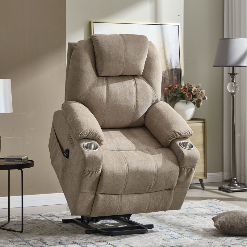 Aura 35" W Power Lift Recliner, Heated Massage, Stainless Steel Cup Holder, Thick Headrest, Khaki