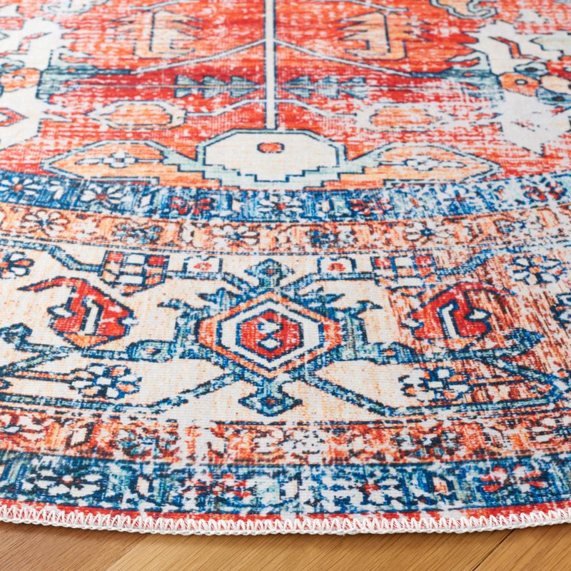 Arizona Dynasty Machine Washable Area Non-Slip Rug In Red & Blue, Round 183cm