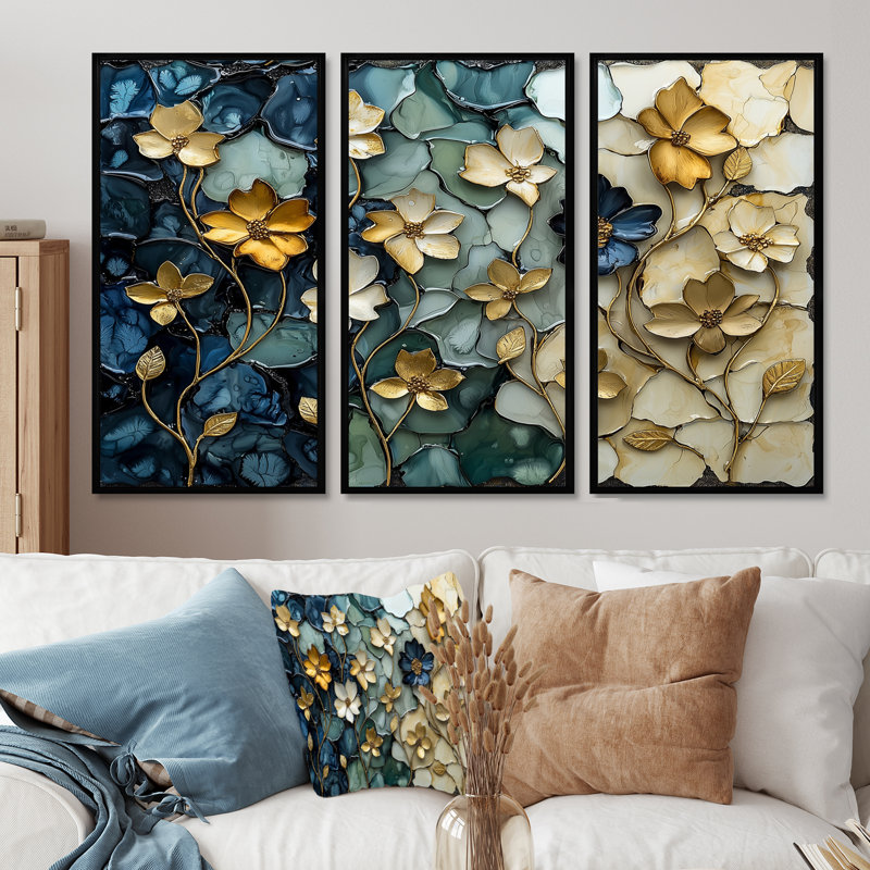 Ensemble de salon art mural bleu et bleu coquelicots Wilderness Poppies, Toile avec cadre flottant noir
