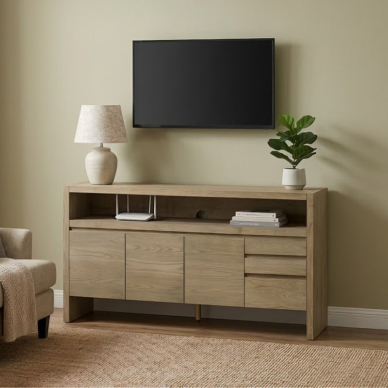 Buffet autoportant moderne en bois avec trois tiroirs, deux armoires et une tablette, Naturel