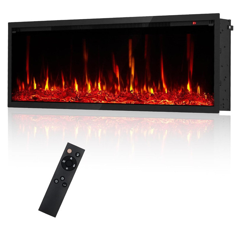 Foyer électrique encastrable 60 po, radiateur encastré et mural 750 / 1500W avec télécommande, couleur et luminosité de flamme réglables, minuterie 9H, bûche et cristal, noir