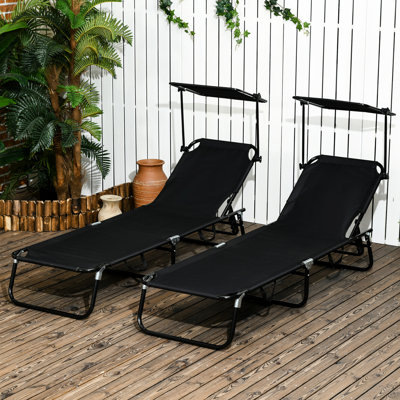 Patio Chairs With Reclining Feature And Side Pocket - Foldable, Canopy, Steel Frame Black For Pool, Beach Outdoor Chaise Foldable Design, Structure, Pocket, Sunshade Beach, Yard,