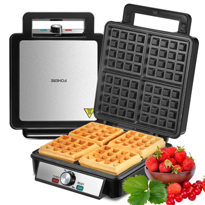 FOHERE 4-Slice Belgian Waffle Maker 1200W, Nonstick Plates, Browning Control, Black, Stainless Steel
