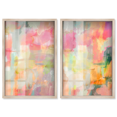 Salt and Berries Duo Shadowbox Print Sunset Pink Wall Decor Set by Art Remedy, Blonde Frame, 30 x 45