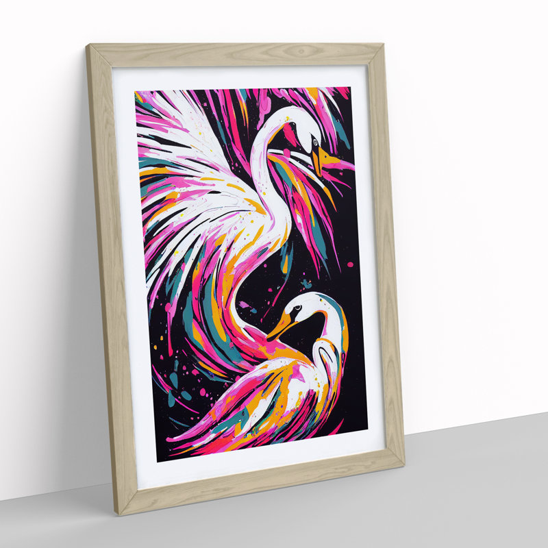 Two Swans In Colour - Print, Oak Picture Frame, White, 36cm H x 27cm W