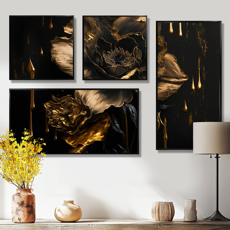 Daffodil Design II - Jonquille, reproduction sur toile 4 pièces, Noir, Impression encadrée sans passe-partout