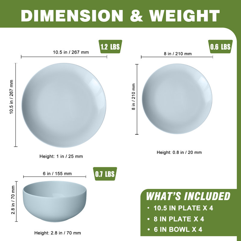Vaisselle en porcelaine tendre avec un design léger et durable résistant aux éclats, Vert, 12 PCs