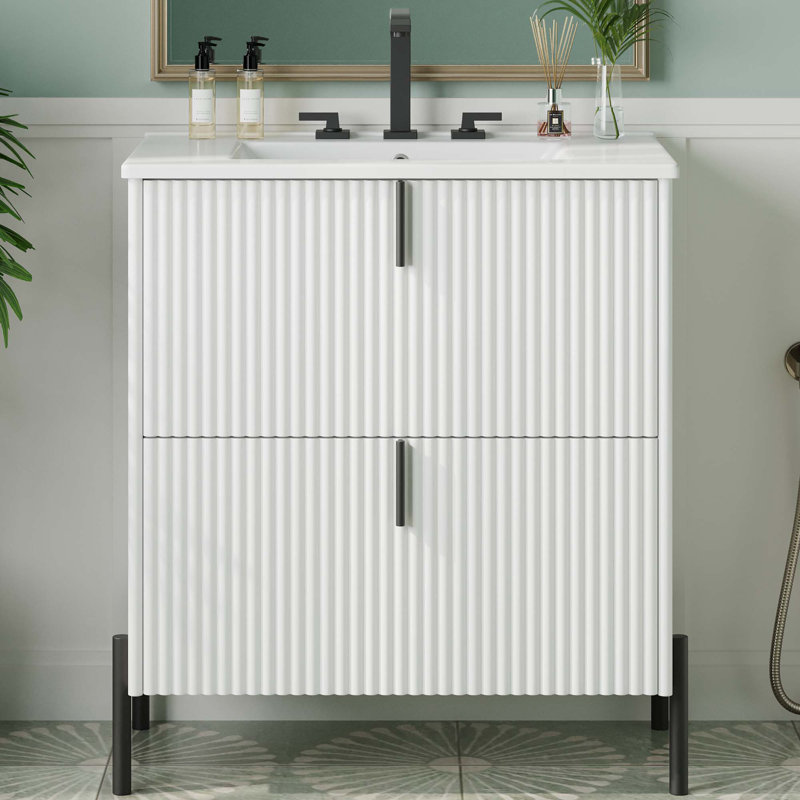 Meuble-lavabo autoportant de 30 po avec lavabo en céramique muni de poignées verticales et de tiroirs pleine extension, Blanc