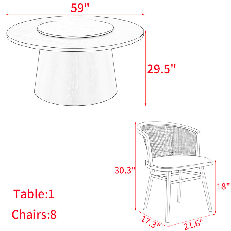 Ensemble de table ronde en bois massif de style nordique, H 29,5 po x L 59 po x l 59 po 